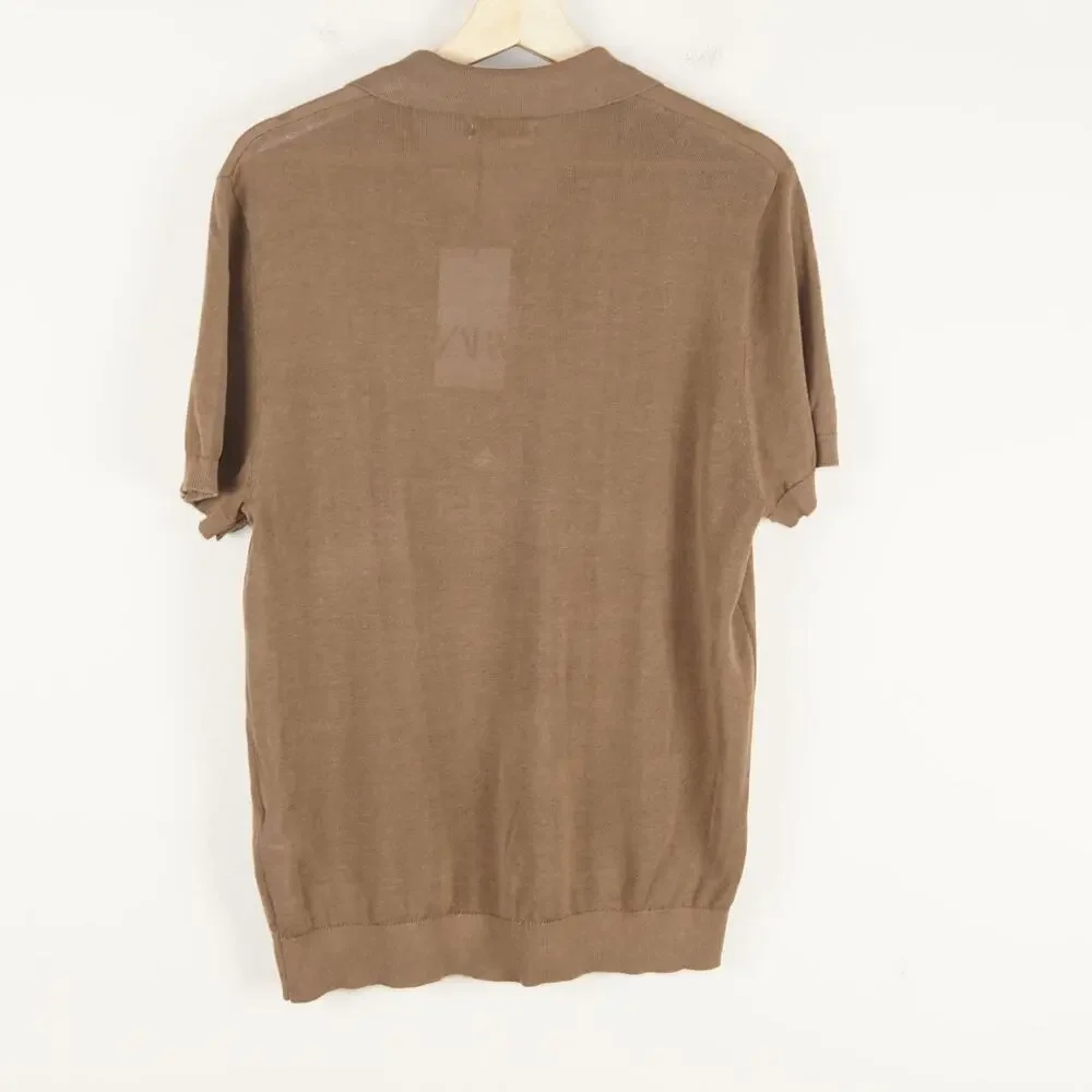 NWT Zara Cotton Linen Lyocell Soft Brown Knit Short Sleeve Polo Mens Sz L - Picture 2 of 7